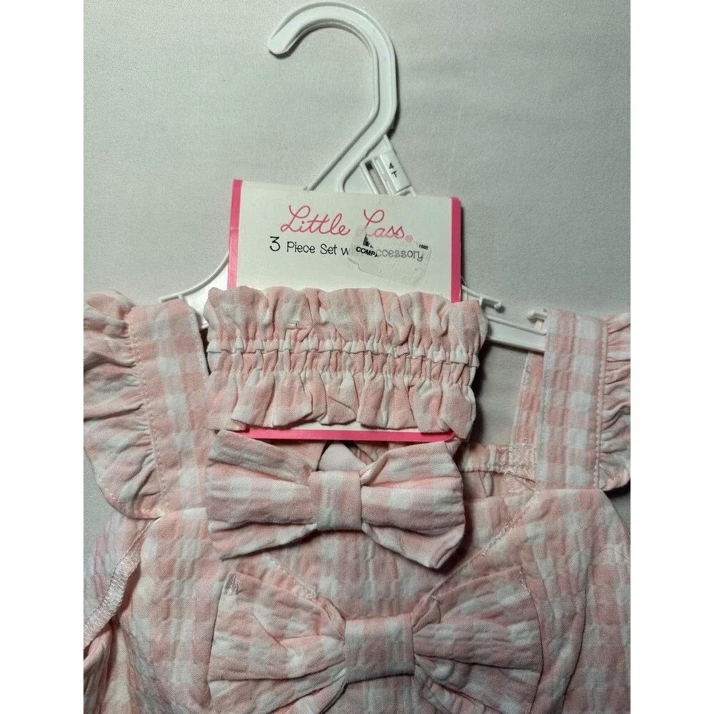 Little Lass 3pc Girls Outfit Set 4T Pink/Blue Gingham Cotton Top Pants Headband